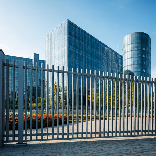 Ipari stílusú acél kerítés üzleti park körül modern építészettel